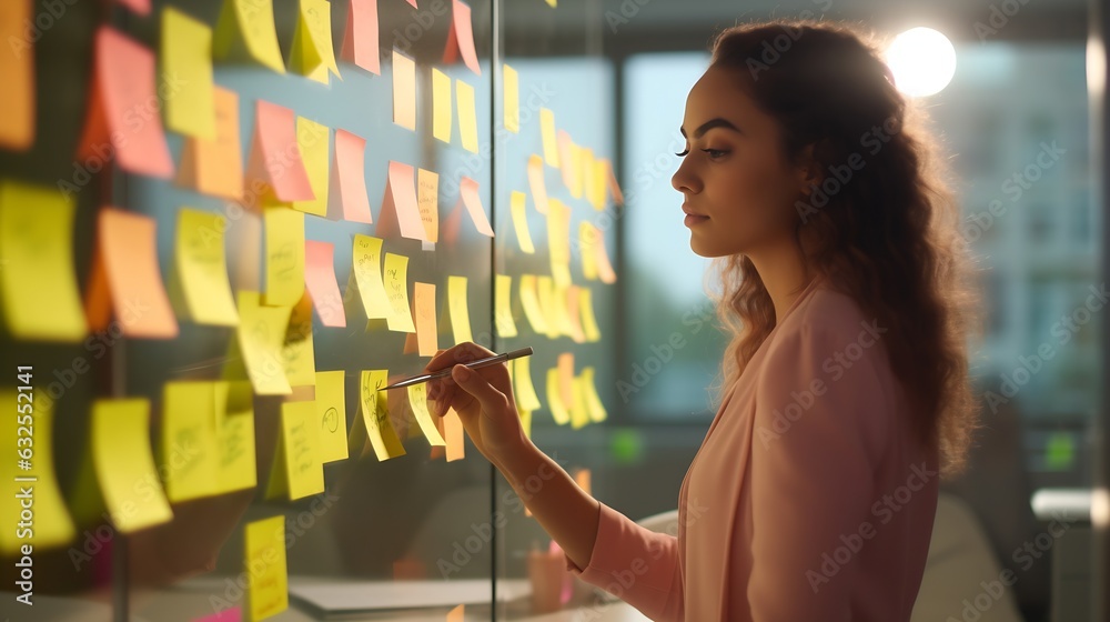 Poster Generative AI : Young successful creative woman and team smile and brainstorm on project at office concentrate on paper yellow post note and sticky note Close up view of group sharing idea on glass wa