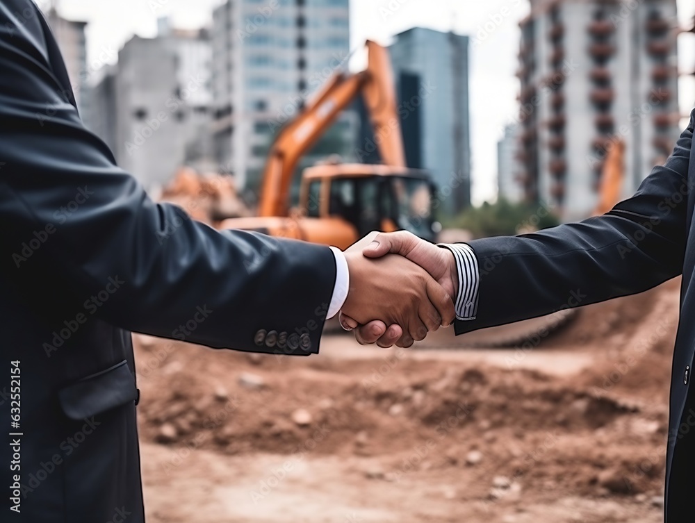 Poster generative ai : handsome construction worker man are shaking hands with asian construction worker ma