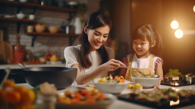 Generative AI : Mom Enjoy Thai Meal Cooking For Family Day Meet Talk Home Dining At Dine Table Cozy Patio Group Asia People Young Adult Man Woman Friend Fun Joy Relax Warm Night Time Picnic Eat Yummy 