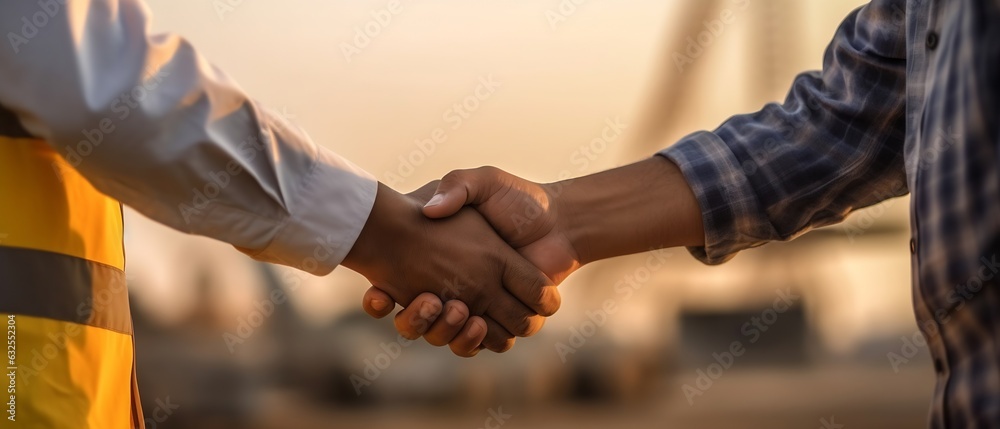 Aufkleber Generative AI : Architect engineer shaking hands other hand he is holding a helmet at construction site against clear sky With blueprint on table business teamwork cooperation success collaboration co