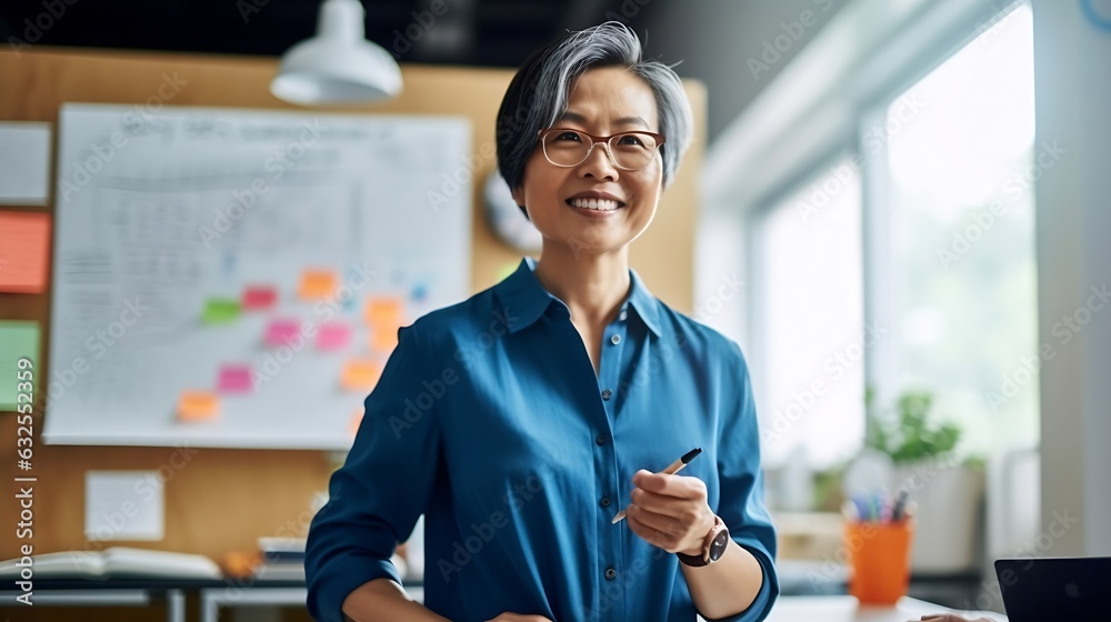 Poster Generative AI : Asian creative woman smiling and meeting at office use post it notes to share idea and planning project Group of employee brainstorming idea on glass wall and sticky Brainstorming conc