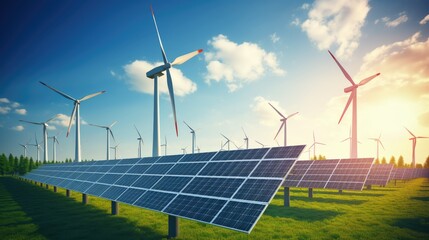 Renewable energy background with green energy as wind turbines and solar panels