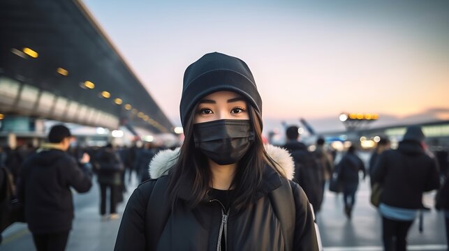Generative AI : Young asian student college girl sitting at airport terminal wear medical mask feeling happy with safety travel bubble plan after covid pandemic and waiting for flight in fit to fly in
