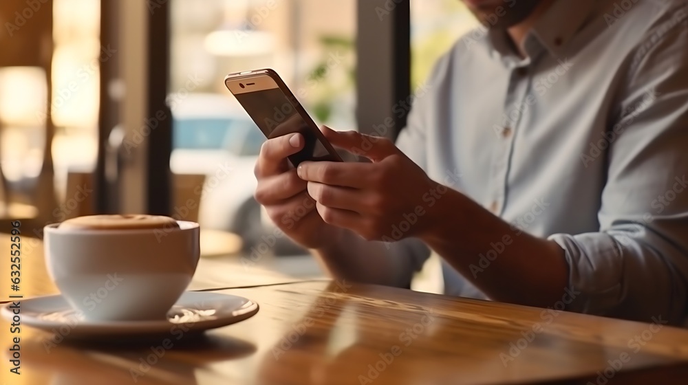 Poster Generative AI : Man using smartphone with laptop in coffee cafe shop
