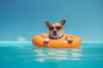 Generative AI : Young chihuahua dog wearing life vest jacket swim in swimming pool looking at camera with relax leisure time on holiday Overweight adorable dog retreat lose weight by exercise Summer h