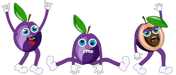 Funky summer Fruit with face. Cartoon groovy Plum in trendy style. Set of Funny mascot. Vector illustration.