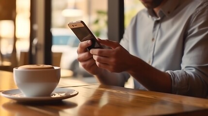 Fototapeta na wymiar Generative AI : Man using smartphone with laptop in coffee cafe shop