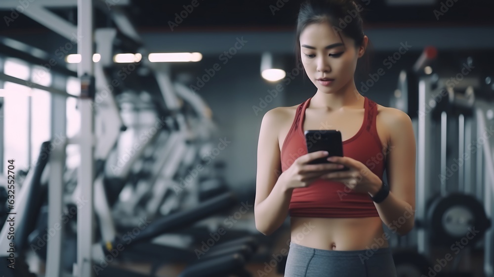 Aufkleber generative ai : a asian woman using smartphone and smartwatch when her workout with iot internet of 