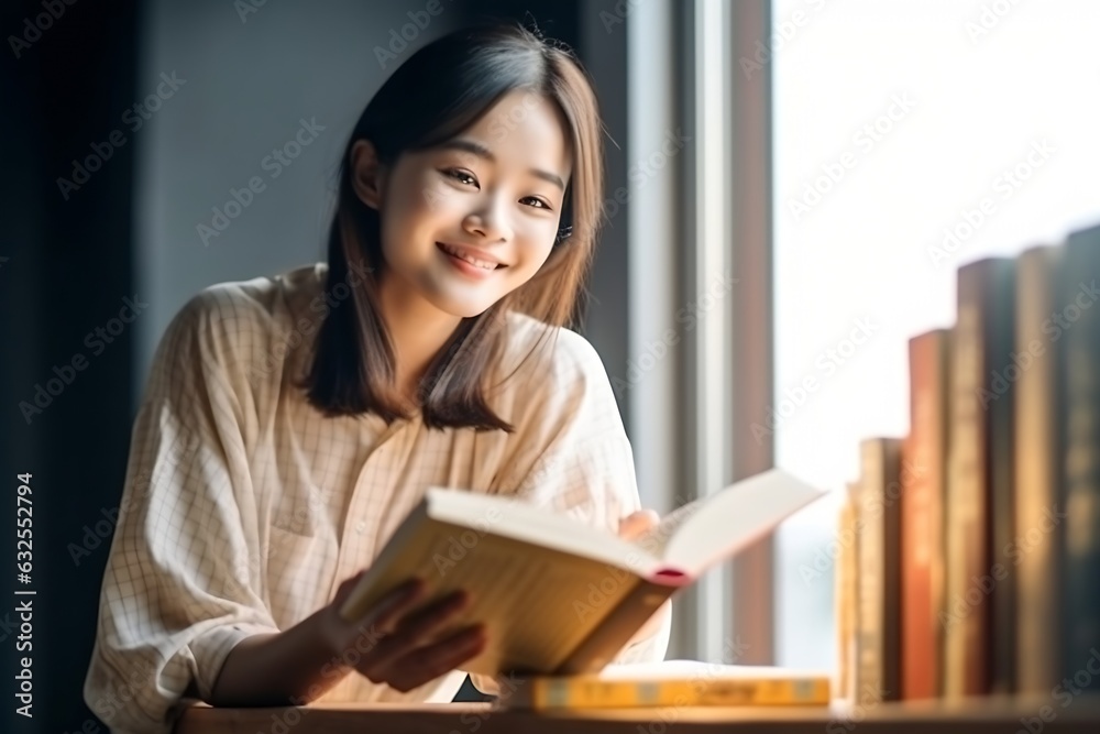 Poster Generative AI : Young asian student college smiling to camera while reading book for exams at library in university