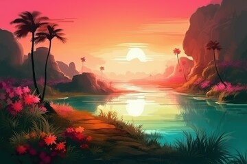 Fototapeta na wymiar Colorful landscape sunset. Generate AI