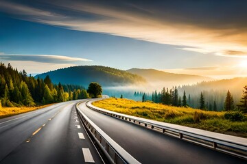 Fototapeta premium Highway with forest on background of blue sky with beautiful clouds.