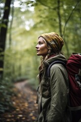 shot of a young woman going on a hike through the woods