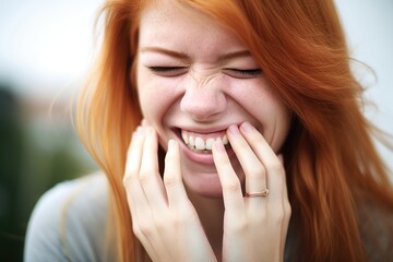 a pretty young woman laughing for the camera with her hand on her face