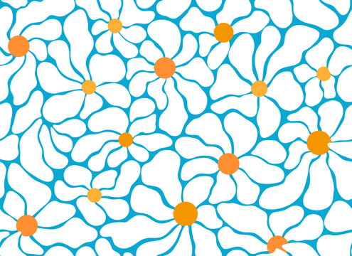 Abstract matisse floral seamless pattern with outline shapes of blue chamomile. Flat vector design in trendy naive retro style. 
