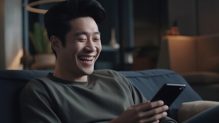 Generative AI : Adult people asia single LGBT gay man sitting at home sofa looking at dating game tinder app on mobile phone Relax smile choose lover enjoy playing right swipe to find love couple matc