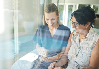 Happy woman, nurse and phone with senior in elderly care for support, consultation or healthcare...