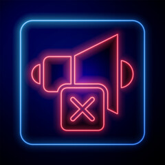 Glowing neon Speaker mute icon isolated on black background. No sound icon. Volume Off symbol. Vector
