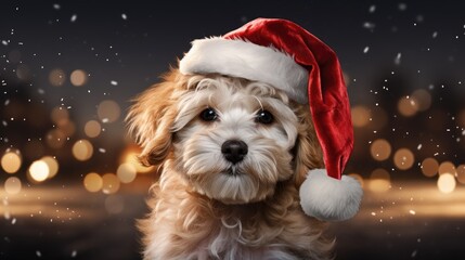 Yorkshire Terrier christmas dog in santa hat - obrazy, fototapety, plakaty