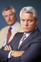 portrait of a mature businessman sitting with his arm around an office employee