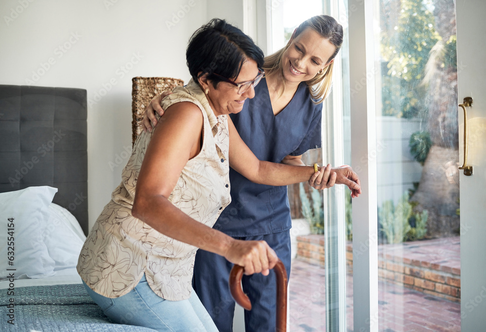 Poster Happy woman, nurse and senior in elderly care, support or walking with stick at old age home. Medical caregiver or therapist helping patient or person with a disability in retirement or physiotherapy