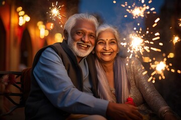 Fototapeta na wymiar Happy smiling Indian ethnic senior couple celebrating Diwali festival with lights