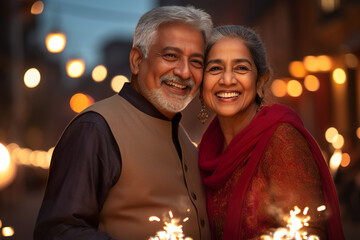 Obraz na płótnie Canvas Happy smiling Indian ethnic senior couple celebrating Diwali festival with lights