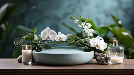 Composition showing a spa treatment with a burning candle, zen stones, rolls of towels, a massage stone, essential oils and an empty space where the product can be displayed.