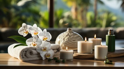 Fototapeta na wymiar Spa composition with beauty treatment burning candle, zen stones, rolled towels and natural palm leaves massage stones, essential oil Nature background with empty space for product presentation
