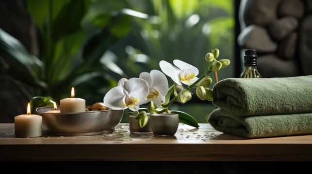 Spa composition with beauty treatment burning candle, zen stones, rolled towels and natural palm leaves massage stones, essential oil Nature background with empty space for product presentation © ND STOCK