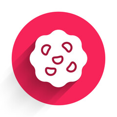 White Cookie or biscuit with chocolate icon isolated with long shadow background. Red circle button. Vector