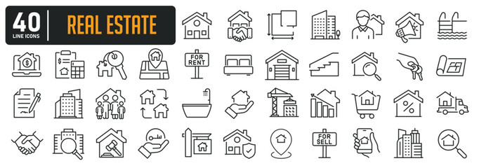 Real estate minimal thin line icons. Related building, house, apartement, sale, rent, mortagage. Editable stroke. Vector illustration.