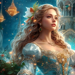Portrait  beautiful fairy tale girl princess close up. Created with Generative AI technology.	