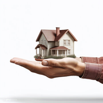 Hand holding a house isolated on transparent or white background with generate Ai
