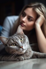 shot of a young woman and her cat lying on the floor together at home