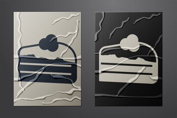 White Piece of cake icon isolated on crumpled paper background. Happy Birthday. Paper art style. Vector