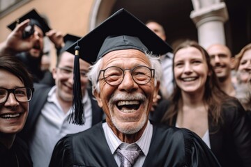 portrait of a mature man wearing glasses celebrating with friends during his graduation