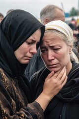human rights protest, refugee and woman crying with sadness, grief or stop mental health ties