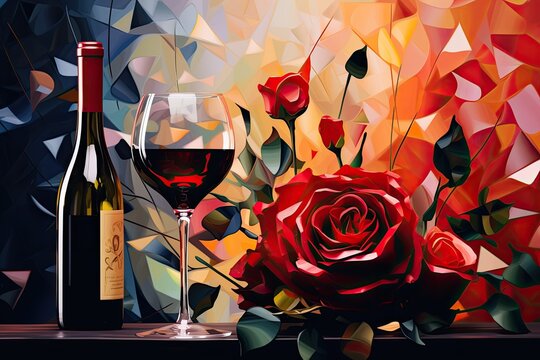 Valentine's day, bottle of wine, glasses and red roses