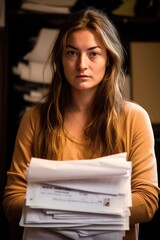 portrait of a young woman holding up paperwork at the refugee agency