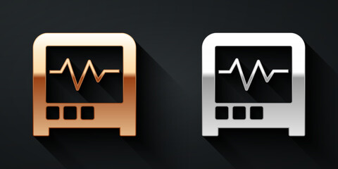 Gold and silver Seismograph icon isolated on black background. Earthquake analog seismograph. Long shadow style. Vector