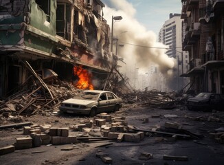 War torn destroyed high rise building car burnt out war damaged building. Created with Generative AI technology.