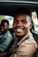 handsome young african man smiling while riding in a car with his family