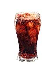 Watercolor illustration of cola glass with ice, isolated on white background.