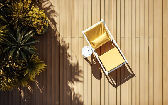 Furnished outdoor terrace with wpc wood plastic composite decking boards. Created with Generative AI technology.