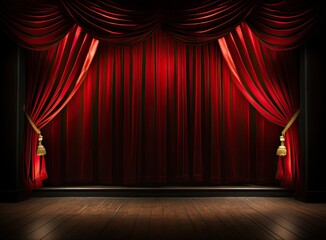 Darkened empty movie theatre and stage with the red curtains drawn viewed over rows of vacant seats from the rear Created with Generative AI technology.