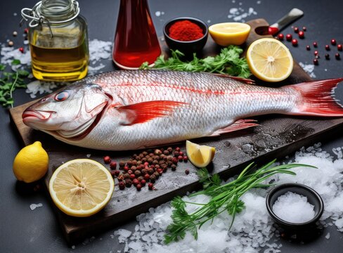Fresh fish seabass and ingredients for cooking. Raw fish seabass with spices and herbs on black slate table. Top view with copy space. Created with Generative AI technology.