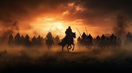Warriors on foggy sunset background fighting in a medieval battle scene with cavalry and infantry - obrazy, fototapety, plakaty