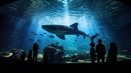 Rolgordijnen Visitors at aquarium watch silhouettes of fish swimming including Whale Shark © HN Works