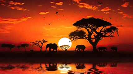 Naklejka na ściany i meble Design element of African safari nature at sunset