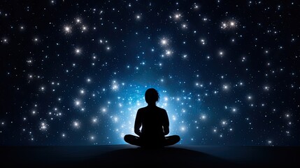 Fototapeta na wymiar Human silhouette sitting amid starry background engrossed in yoga meditation for relaxation and psychological well being